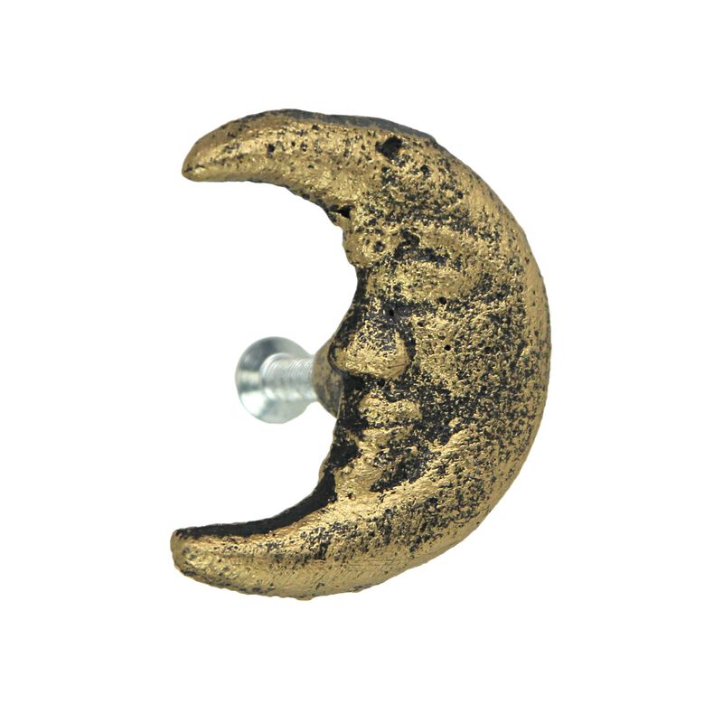 Set of 6 Gold Finish Cast Iron Crescent Moon Face Drawer Pulls - Decorative Cabinet Knobs for Celestial D&eacute;cor - Each 2 Inches High - Mystical Elegance image number 0