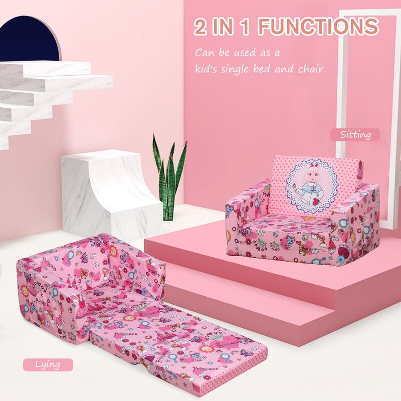 Kids Fold-Out Couch/Chair Lounger with Space-Themed Washable Fabric & Removable Cushion for 3-6 Years Old, Pink