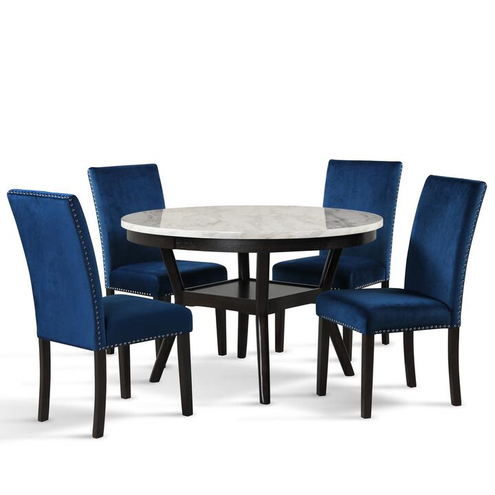 New Classic Furniture Furniture Celeste 5-Pc Faux Marble Round Dining Set  4 Chair-Blue
