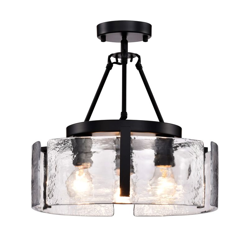 Cintia Black 3-Light Water Textured Glass Panel Drum Semi Flush Mount image number 9