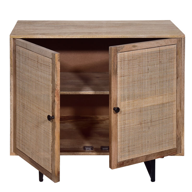 35 Inch Handcrafted Accent Cabinet with 2 Mesh Rattan Doors, Black Iron Legs, Natural Brown Mango Wood Frame-Benzara