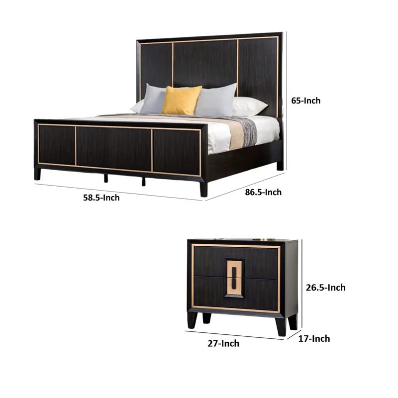 Queen Bedroom Set, Espresso Brown, Gold Wood, 2 Piece Set with Nightstand image number 7