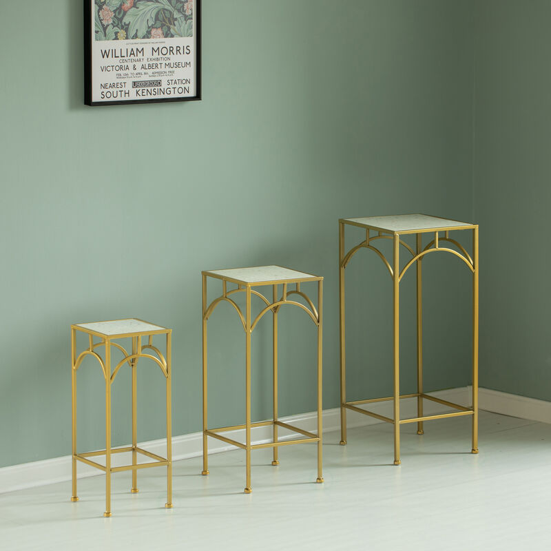 Decorative Gold Metal Square Plant Stand, Modern White Marble Look Top Display End Side Table, Set of 3