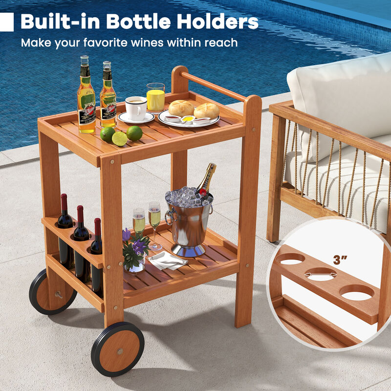 2 Tier Rolling Serving Cart with Wine Bottle Holders and 2 Rubber Wheels