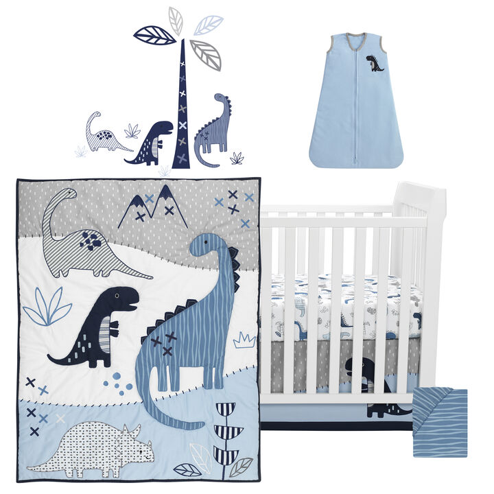 Lambs & Ivy Baby Dino Blue/White Dinosaur Nursery 6-Piece Crib Bedding Set