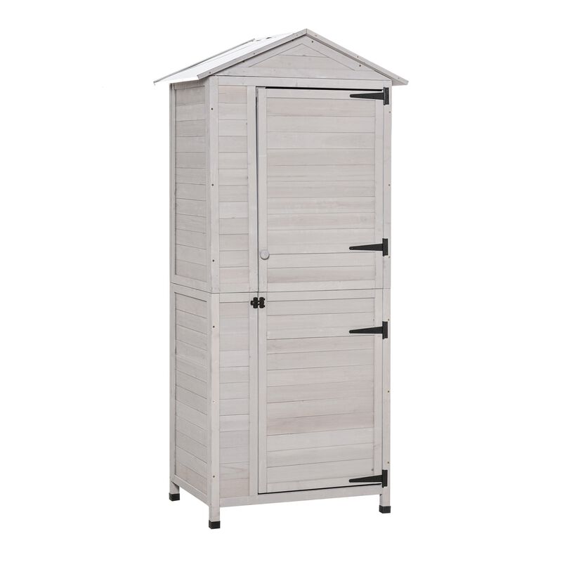 Wooden Garden Cabinet Backyard 4-Tier Storage Shed 3 Shelves Lockable Organizer with Handle Tin Roof Magnetic Latch Foot Pad Light Grey