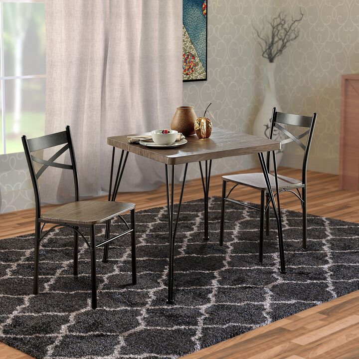 Industrial Style 3 Piece Dining Table Wood And Metal, Brown And Black-Benzara