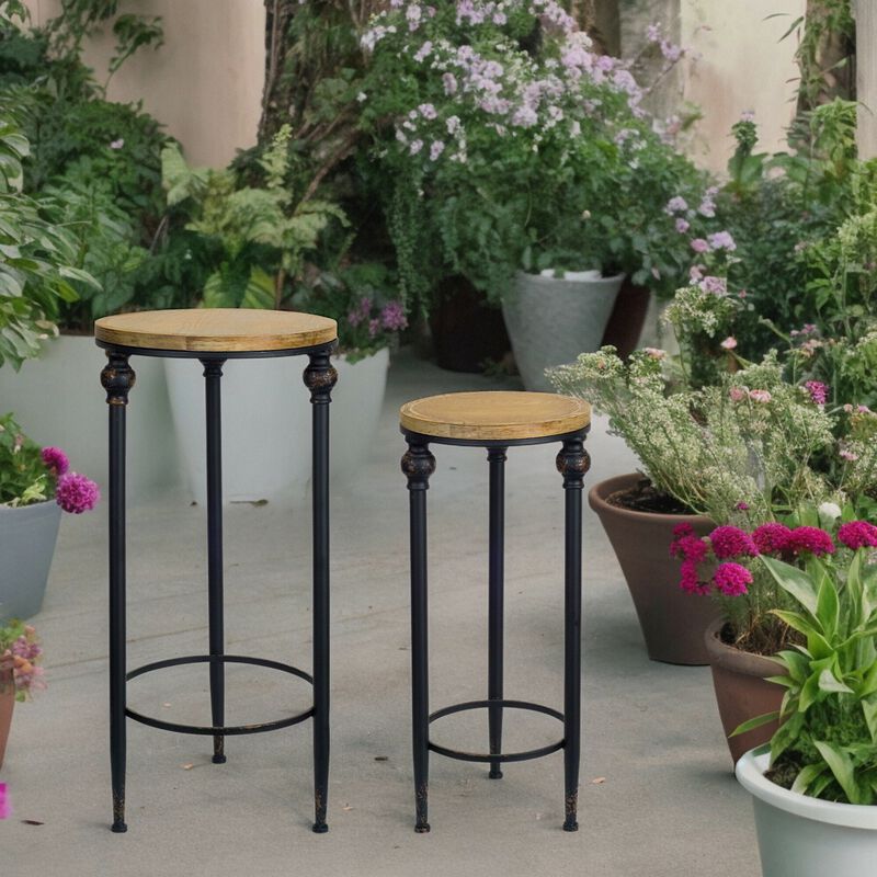 Round Wood And Metal Plant Stand Table - (Set of 2)