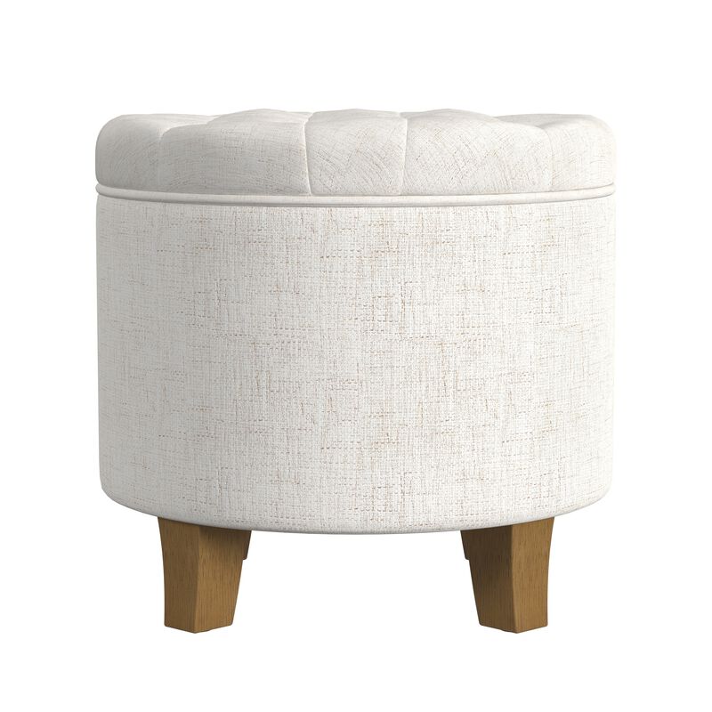 Wes Round Storage Ottoman, Cream Woven Fabric, Hardwood, 19 Inch image number 1