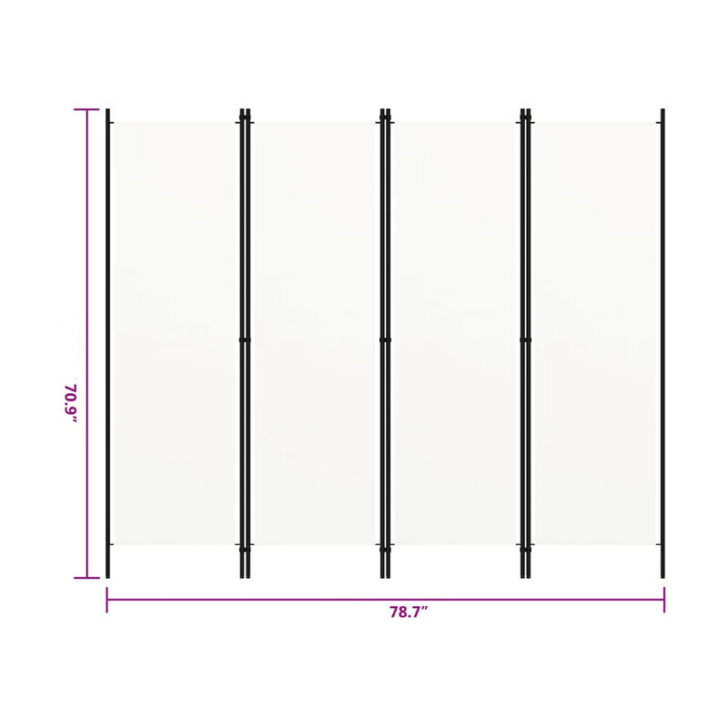 Folding Room Divider, 79x71 White Fabric, Black Iron Frame, 4 Panels - Benzara