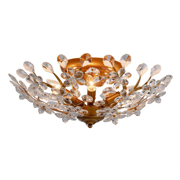 Juan 5-light Crystal Glass Flowers Blooms Flush Mount - Medium‑gloss Brushed Brass Finish