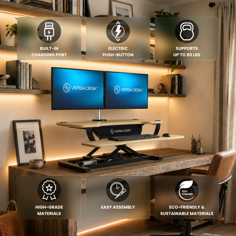 VersaDesk PowerPro Electric Height Adjustable Standing Desk Converter 36"W with USB Charging Port &ndash; Maple image number 2