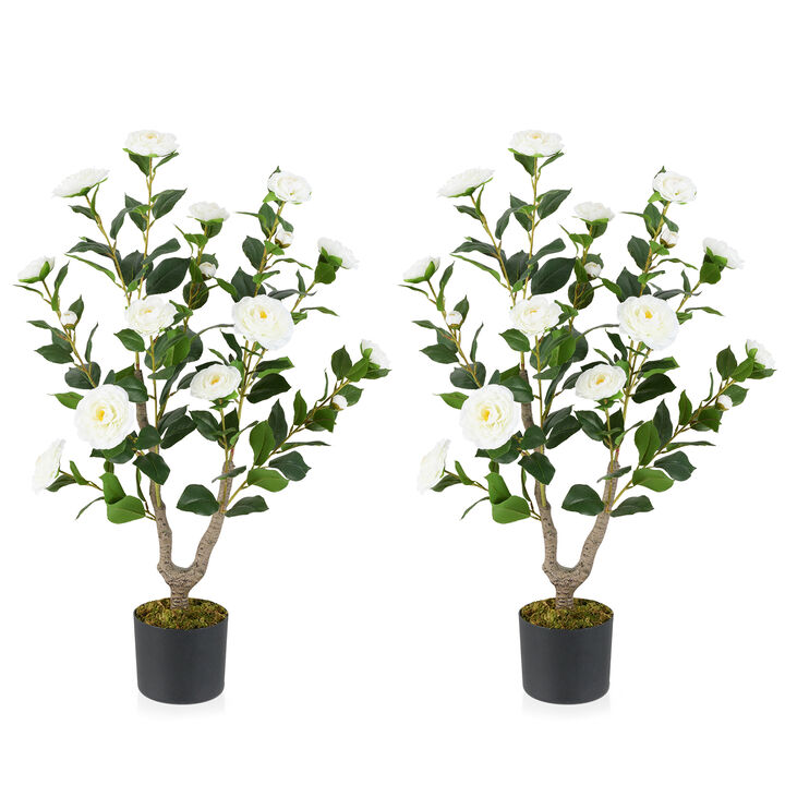 2 Pack Faux Camellia Flower Trees with Blooming Flowers for Home Decor