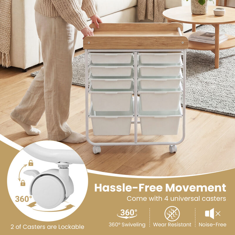 Office Rolling Storage Cart with 10 Drawers, Wooden Tabletop and Locking Wheels image number 7