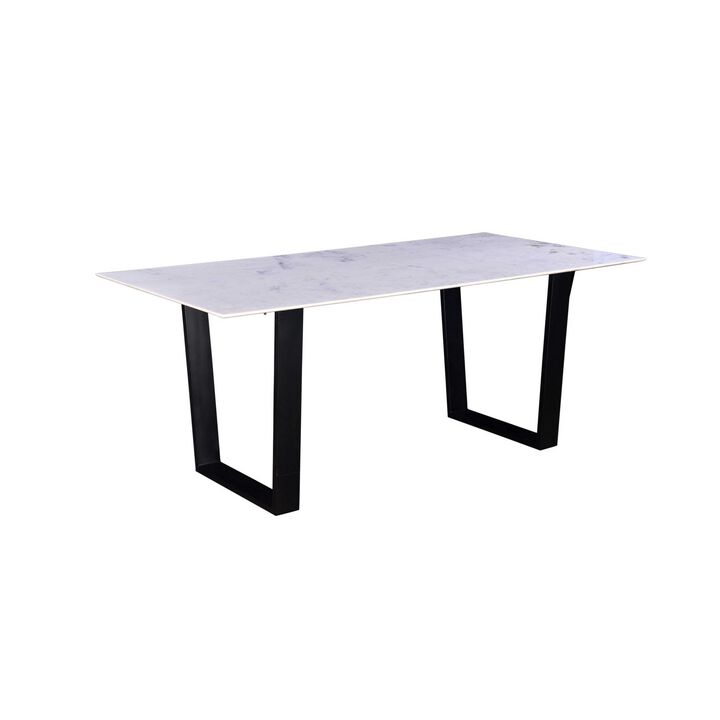 72 Inch Modern Dining Table with Marble Tabletop, Iron Legs, White, Black