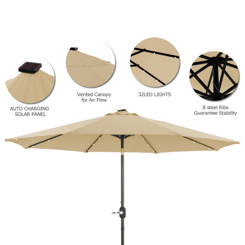 Mondawe 9ft Patio Umbrella Outdoor Market 32 LED Solar Umbrella with Tilt and Crank