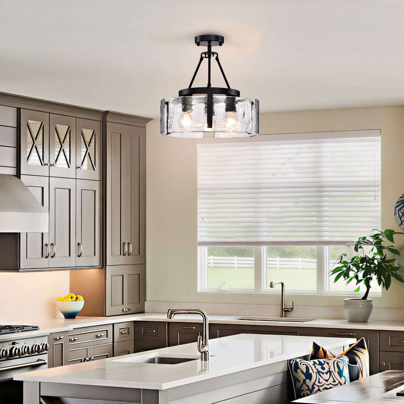 Cintia Black 3-Light Water Textured Glass Panel Drum Semi Flush Mount image number 4