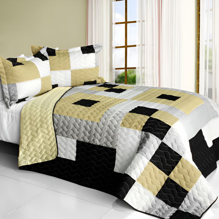 Queen Size 3 Piece Patchwork Quilt Set Vermicelli Quilted Cozy Bedspread Set