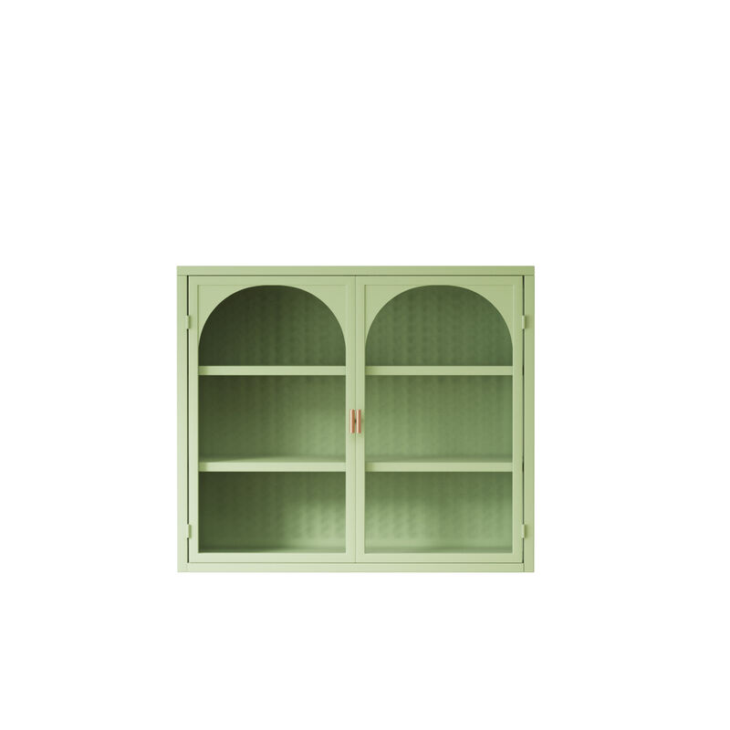 27.56"Glass Doors Modern Twodoor Wall Cabinet with Featuring Threetier Storage for Entryway Living Room Bathroom Dining Room, Wall Cabinet with Characteristic Woven Pattern, Green