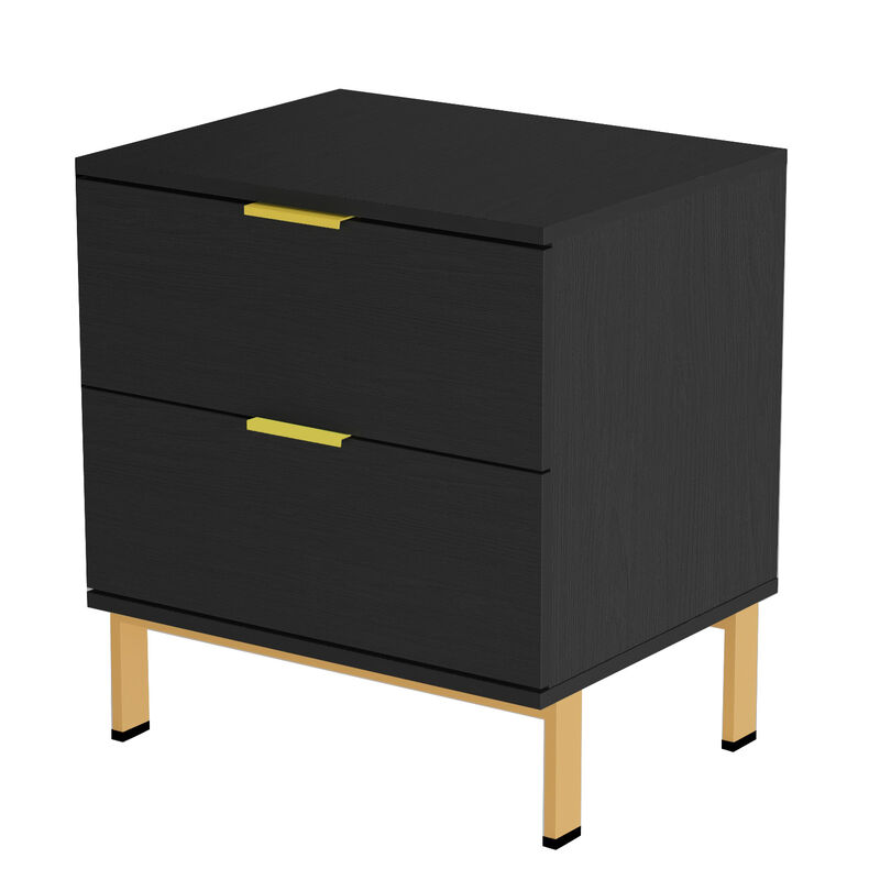 2-Drawer Black Wooden Nightstand Bedside Table With 4 Metal Legs 15.7 in. D x 19.7 in. W x 17.9 in. H