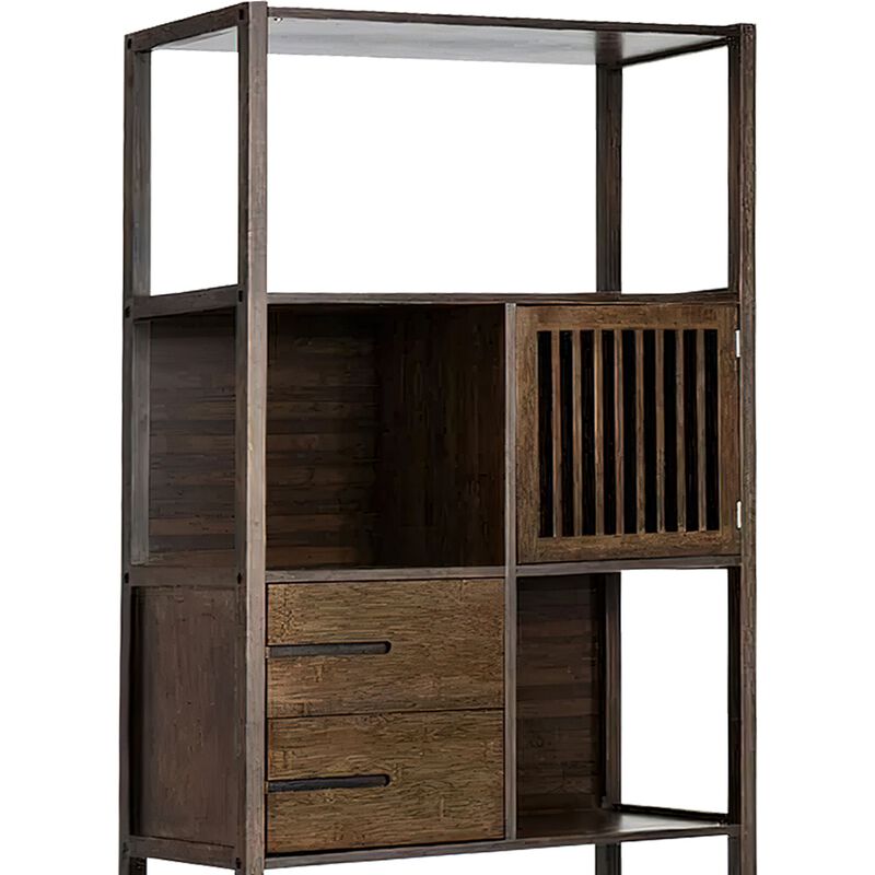 Axa 68 Inch Bamboo Shelf Bookcase with Cabinet, Right Facing, Dark Brown - Benzara