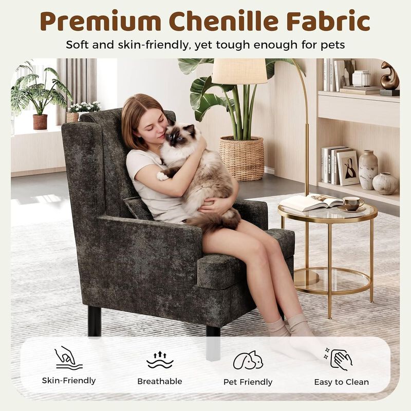 2 Pcs Upholstered Wingback Accent Chair, Modern Reading Armchair for Living Room, Bedroom,Dark Brown image number 5
