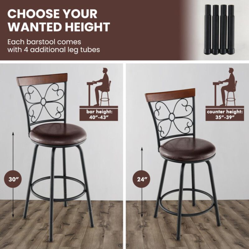 Hivvago 2 Pieces 24-30 Inch Adjustable PU Cushioned Swivel Barstools