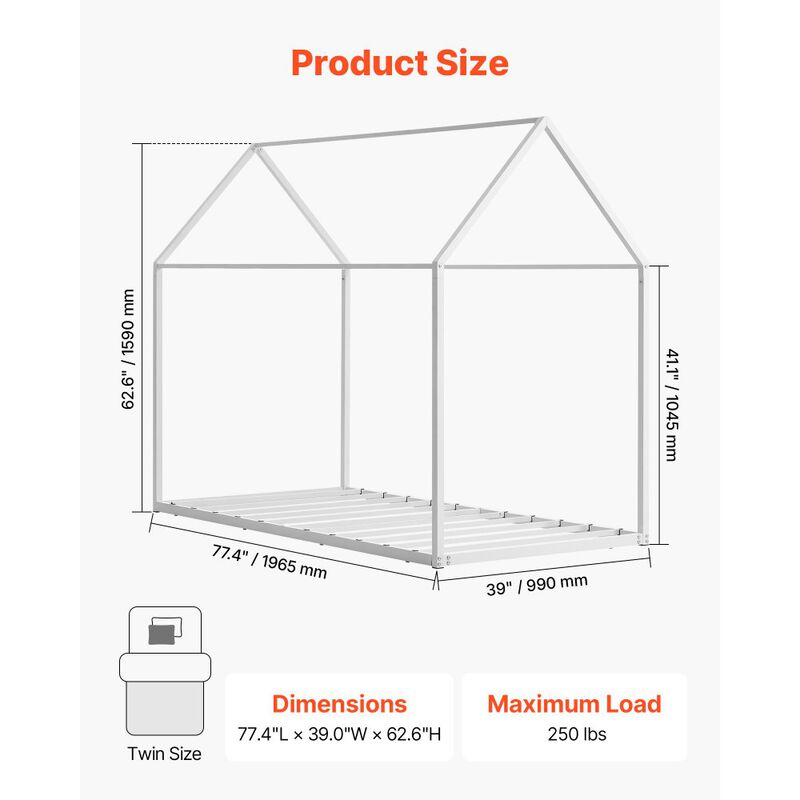 Twin Size House Bed Frame, Metal Kids Floor Bed with Roof, Steel Slats Support, White image number 2