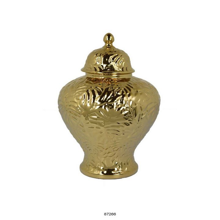 Aniea 18 Inch Accent Temple Jar, Geometric Design, Dome Lid, Gold Ceramic - Benzara