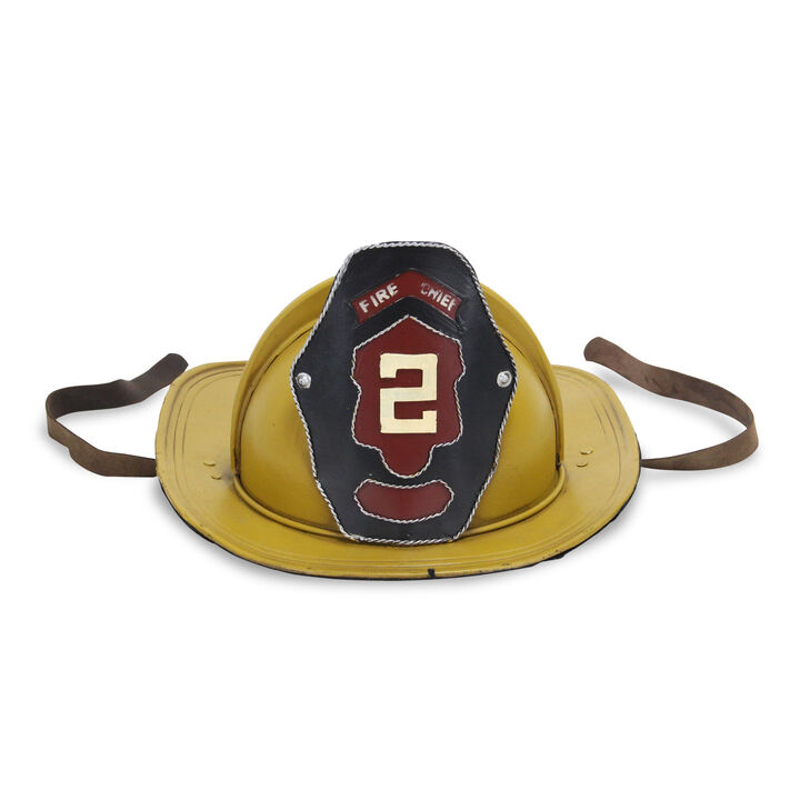 HomeRoots 8" Yellow and Black Metal Fireman Hat Hand Painted Tabletop Sculpture