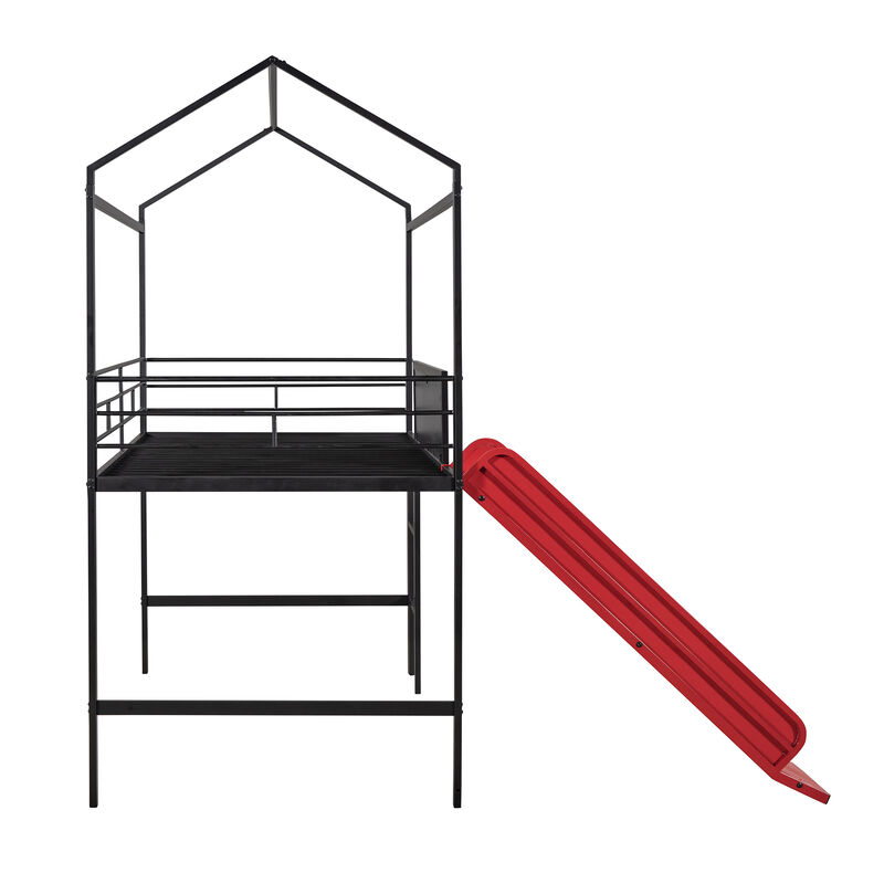 Whisen Metal House Bed With Slide, Twin Size Metal Loft Bed with Two-sided writable Wooden Board - Black and Red