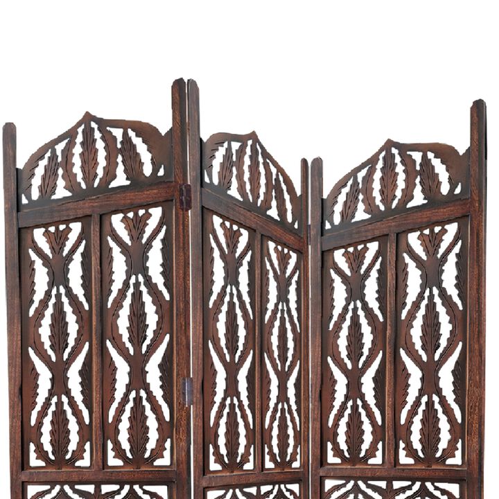 Decorative 3 Panel Mango Wood Screen with Abstract Carvings, Brown-Benzara