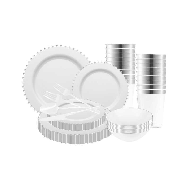 White with Silver Pearl String Round Plastic Tableware Set (60 Sets) image number 2