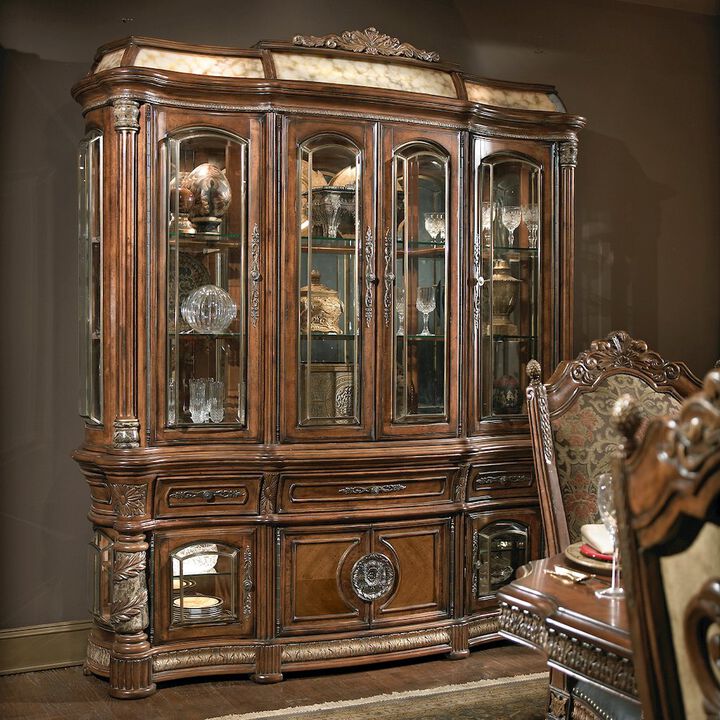 Michael Amini Villa Valencia China Cabinet with Lighted Top - Classic Chestnut