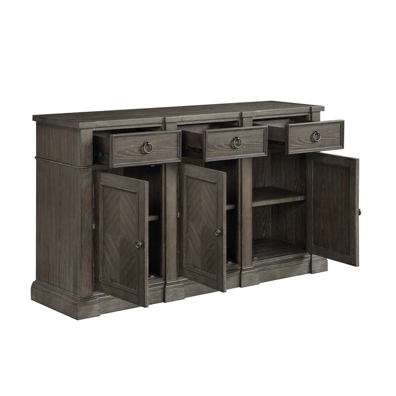 Koa 67 Inch Sideboard Server Console, 3 Beveled Drawers, Driftwood Brown - Benzara