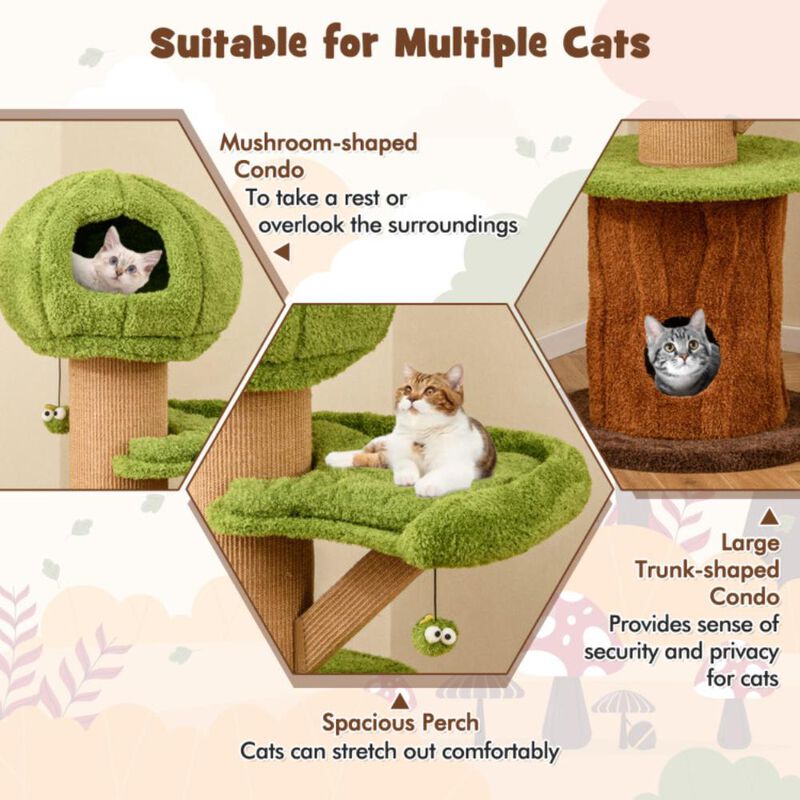Hivvago Mushroom Cat Tree for Indoor Cats with 2 Cute Condos Plush Perch and Teasing Balls