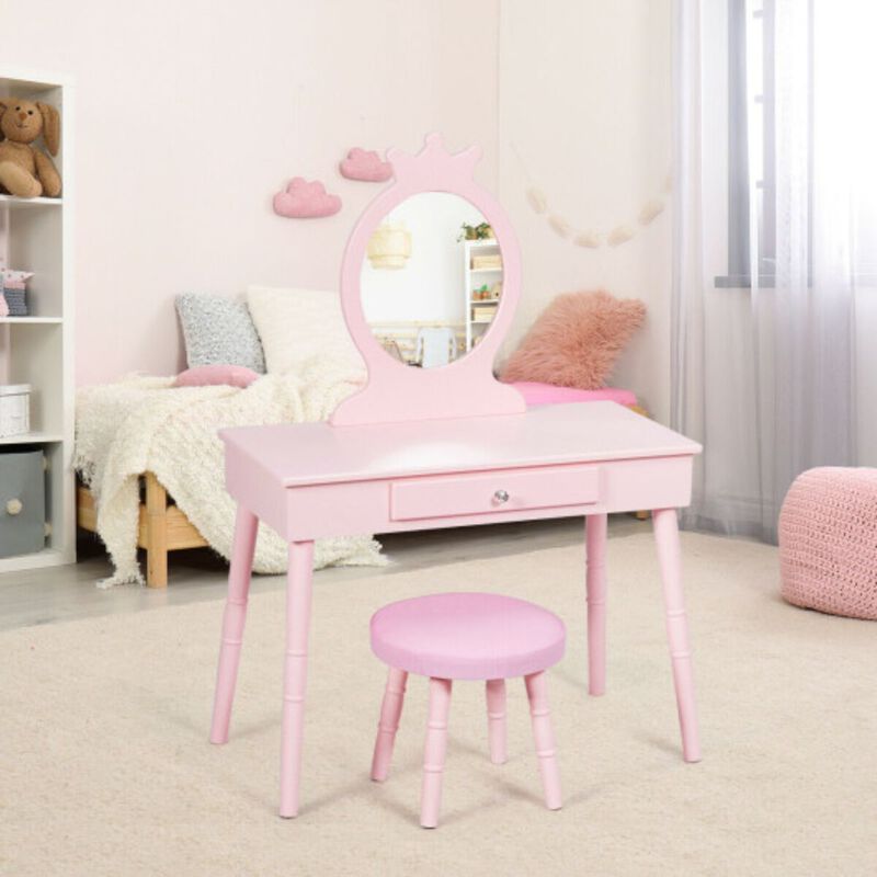 Kids Wooden Princess Makeup Table with Cushioned Stool-Pink image number 2