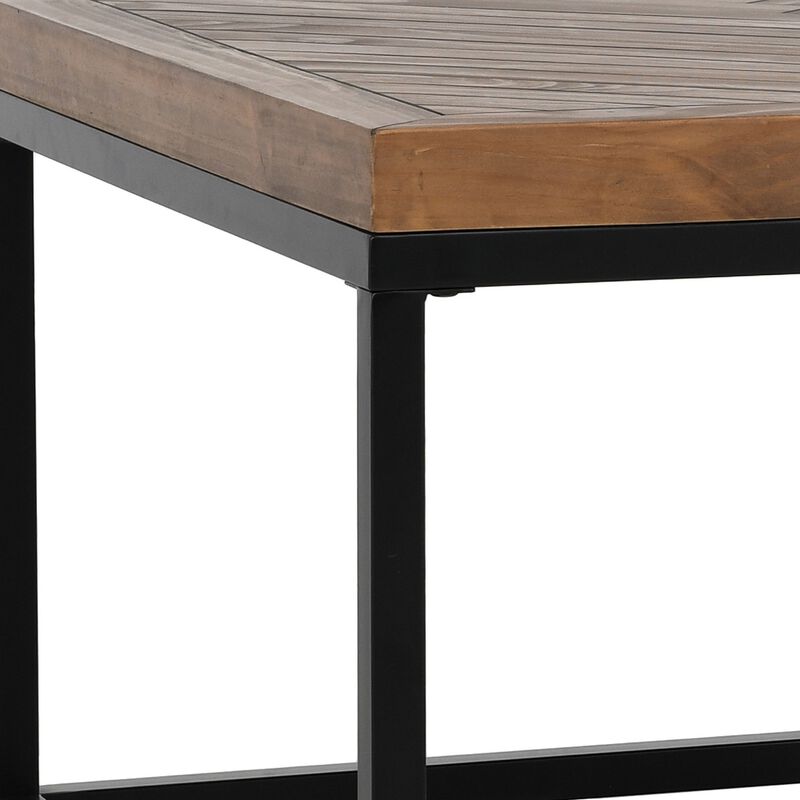 Nat 30 Inch Solid Wood Square Coffee Table, Herringbone, Brown, Black-Benzara