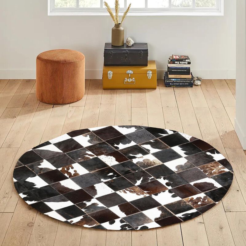 Round Cowhide Rug Black Brown White Patchwork Leather Rug, Handmade Genuine Cowhide Area Carpet, Farmhouse Rustic Round Decor