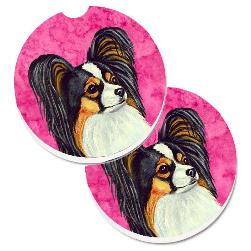 Caroline's Treasures Pink Papillon Set of 2 Cup Holder Car Coasters LH9390PKCARC, 2.56, Multicolor image number 0