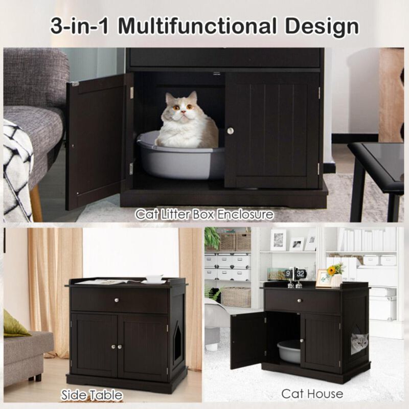 Hivvago Wooden Cat Litter Box Enclosure with Drawer Side Table Furniture