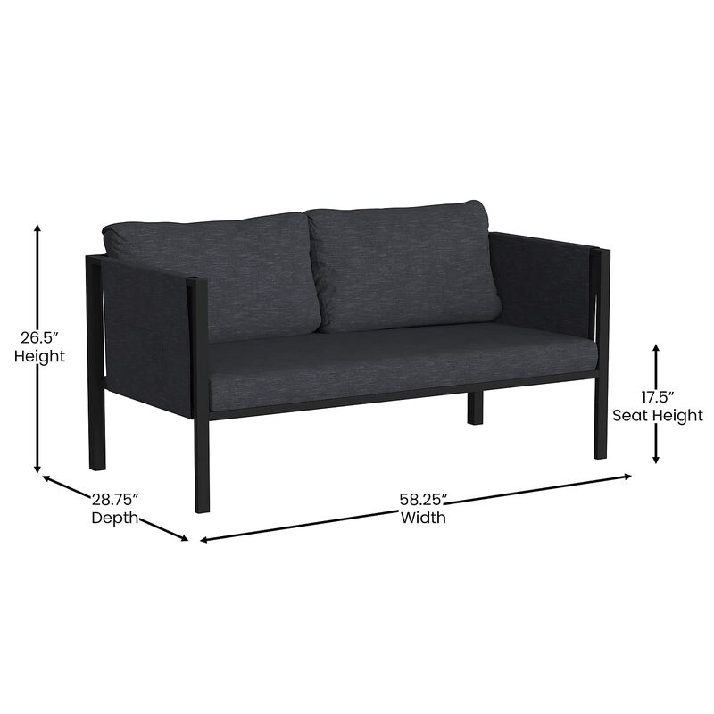 Flash Furniture Lea Indoor/Outdoor Loveseat with Cushions - Modern Steel Framed Chair with Storage Pockets, Black with Charcoal Cushions
