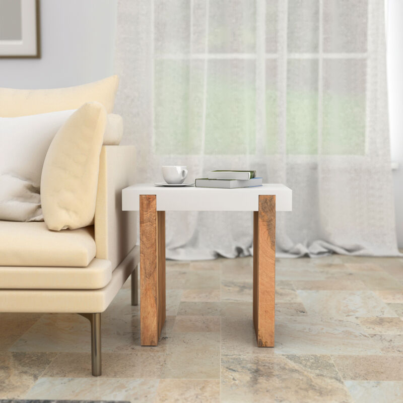 The Urban Port Kerry 20-Inch Rectangular End Side Table, Mango Wood, Sled Base, Glossy White and Natural Brown