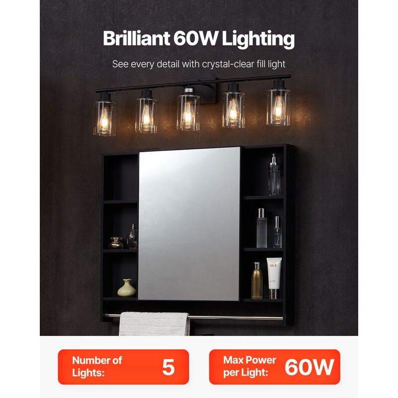 5-Light Bathroom Vanity &ndash; 37.1" Modern Wall Light with Clear Glass Shades image number 1