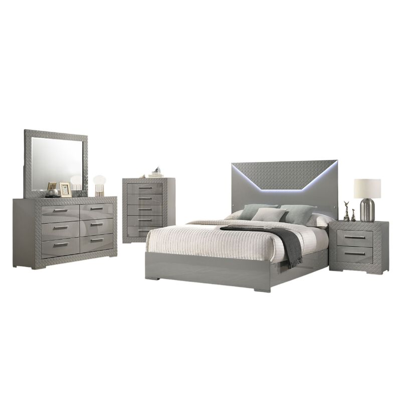 Ivon 5pc Queen Bedroom Set, Diamond Embossed, Gray High Gloss, LED