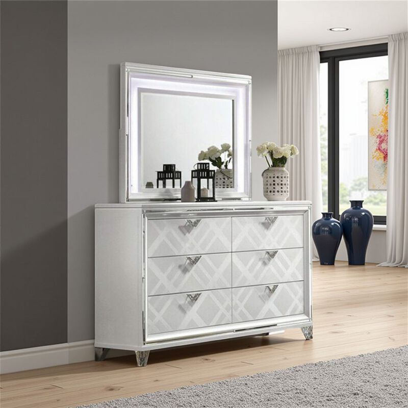 Lin Dresser Mirror with LED Lights, 47 Inch White Solid Wood Frame