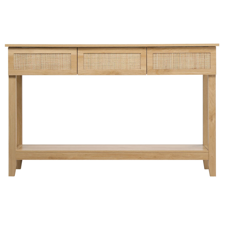 Rattan Console Table with 3 Drawers and Open Shelf for Entryway or Hallway