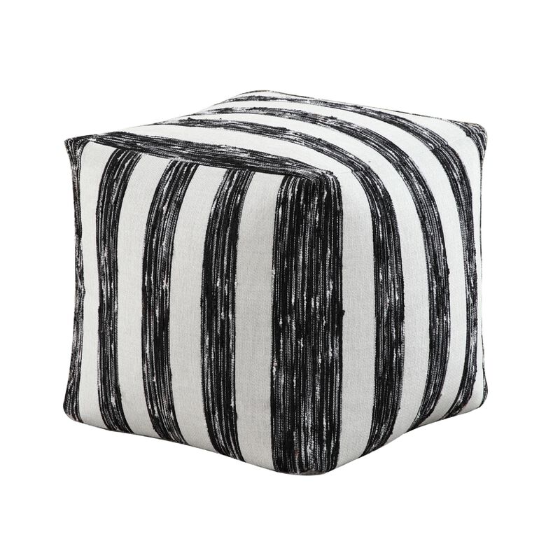 Modern Pouf Ottoman, Black White Wide Striped Jacquard, 16 Inch Square