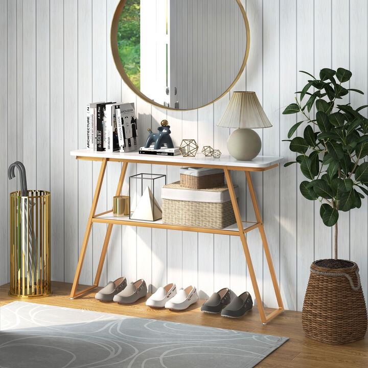Console Table with Open Shelf Gold Metal Frame Living Room Hallway-White