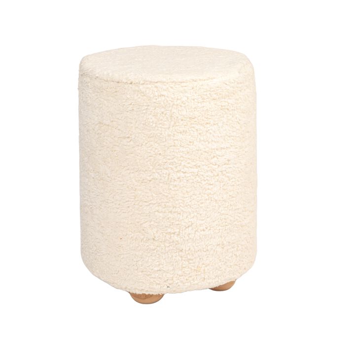 Round Sherpa Upholstered Pouf with Pine Wood Feet, Cream and Natural